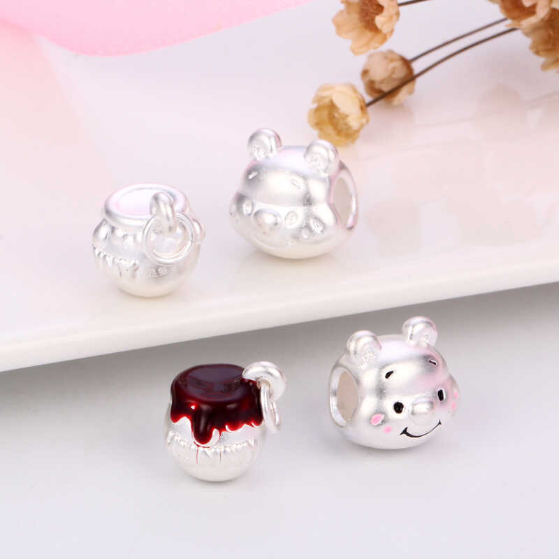 Pure Silver 999 Winnie the Pooh Cute Bear Head Charm Bracelet DIY Honey Pot Jewelry Accessories