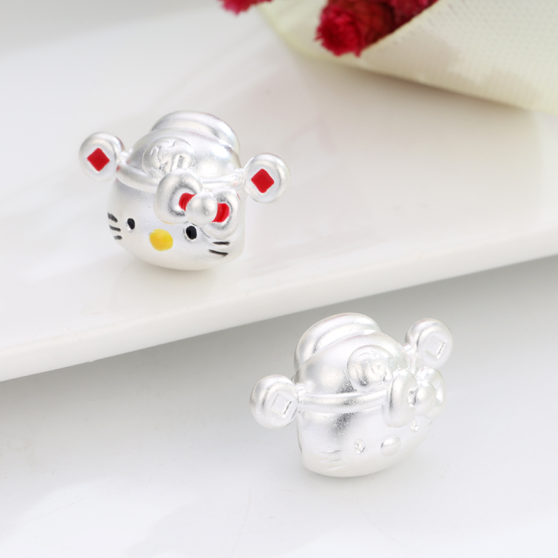 Pure Silver Little Fortune God Kt Cat Beads Hello Kitty Lucky Beads DIY Bracelet Stringing Loose Beads Accessories