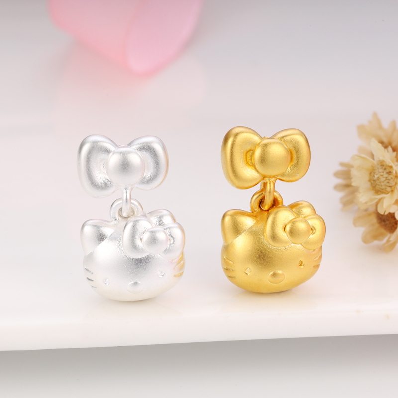 Sterling Silver Hello Kitty Small Pendant Pure Silver 999 Bow Kt Cat String Beads Jewelry Accessories Cartoon Loose Beads