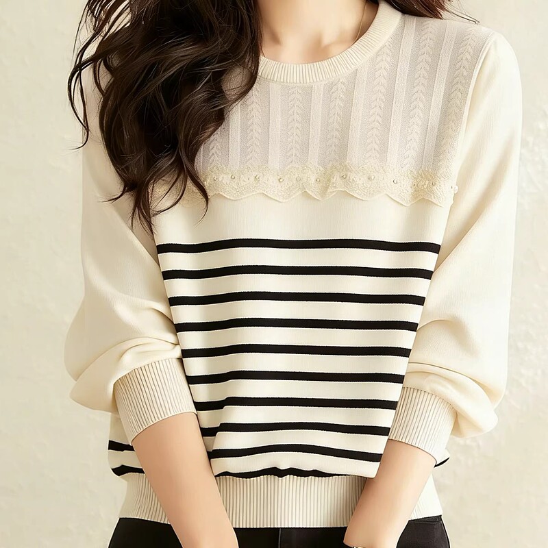 Thin Striped Mesh Patchwork Knit Sweater for Women, New Spring 2026 Round Neck Lace Long-Sleeve Base Shirt Top Thin Striped Mesh Patchwork Knit Sweater for Women, New Spring 2026 Round Neck Lace Long-Sleeve Base Shirt Top