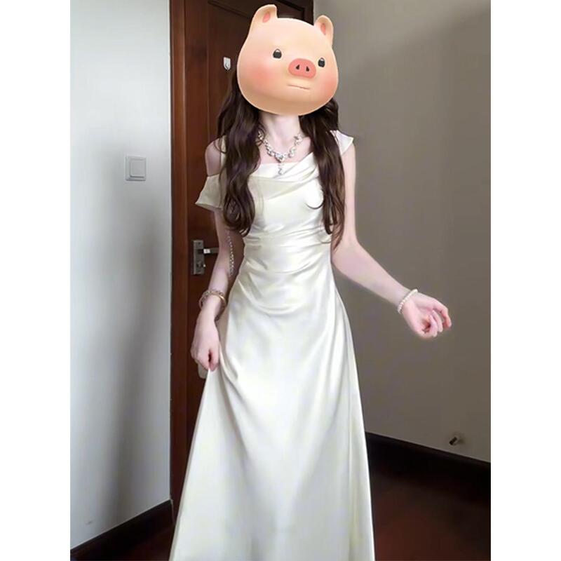 High-End White Dress for Birthday Party, Annual Meeting, Engagement, and Certificate Ceremony, Elegant and Sophisticated Off-Shoulder Satin Dress for Women