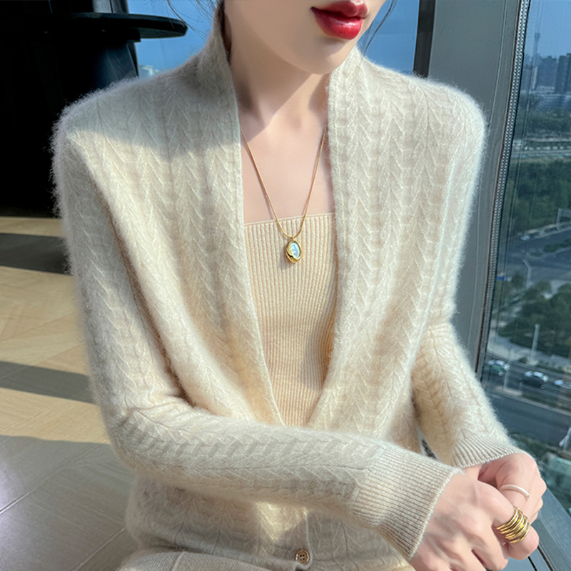 Scarf Collar Twist Pattern 100% Pure Wool Cardigan for Women, Loose Soft Sweater Coat, V-Neck Cashmere Knit Outerwear Top Scarf Collar Twist Pattern 100% Pure Wool Cardigan for Women, Loose Soft Sweater Coat, V-Neck Cashmere Knit Outerwear Top
