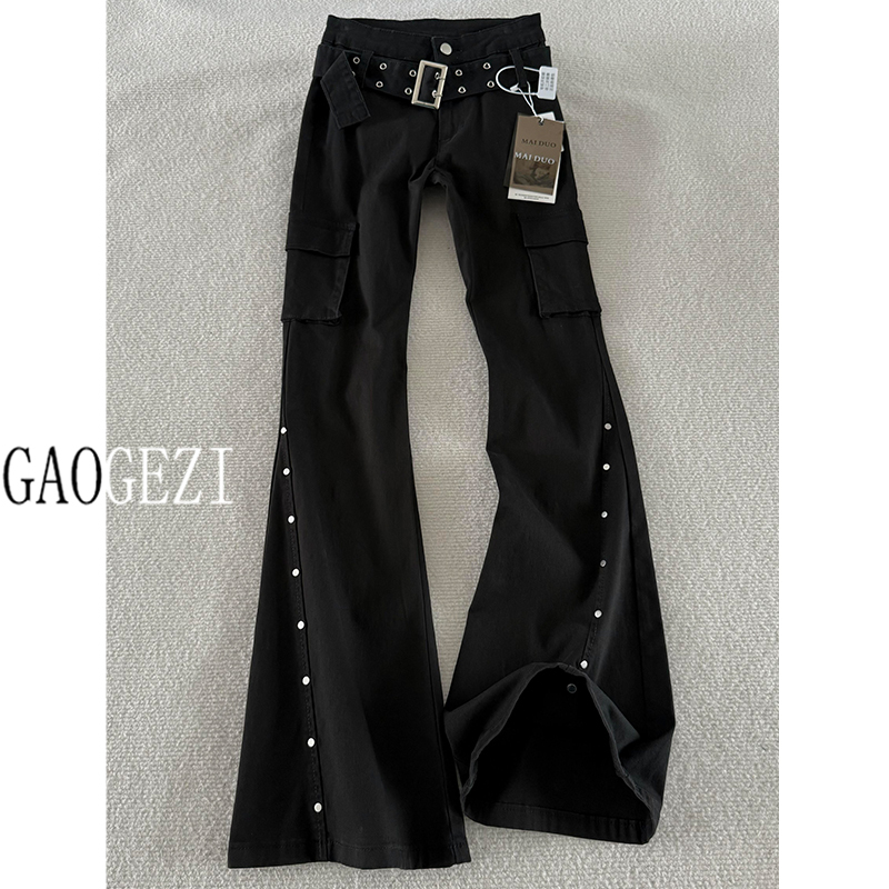 175 Tall Version Extended Length Trendy Niche Workwear Studded Pants Low-Waisted Black Flared Pants for Women Summer
