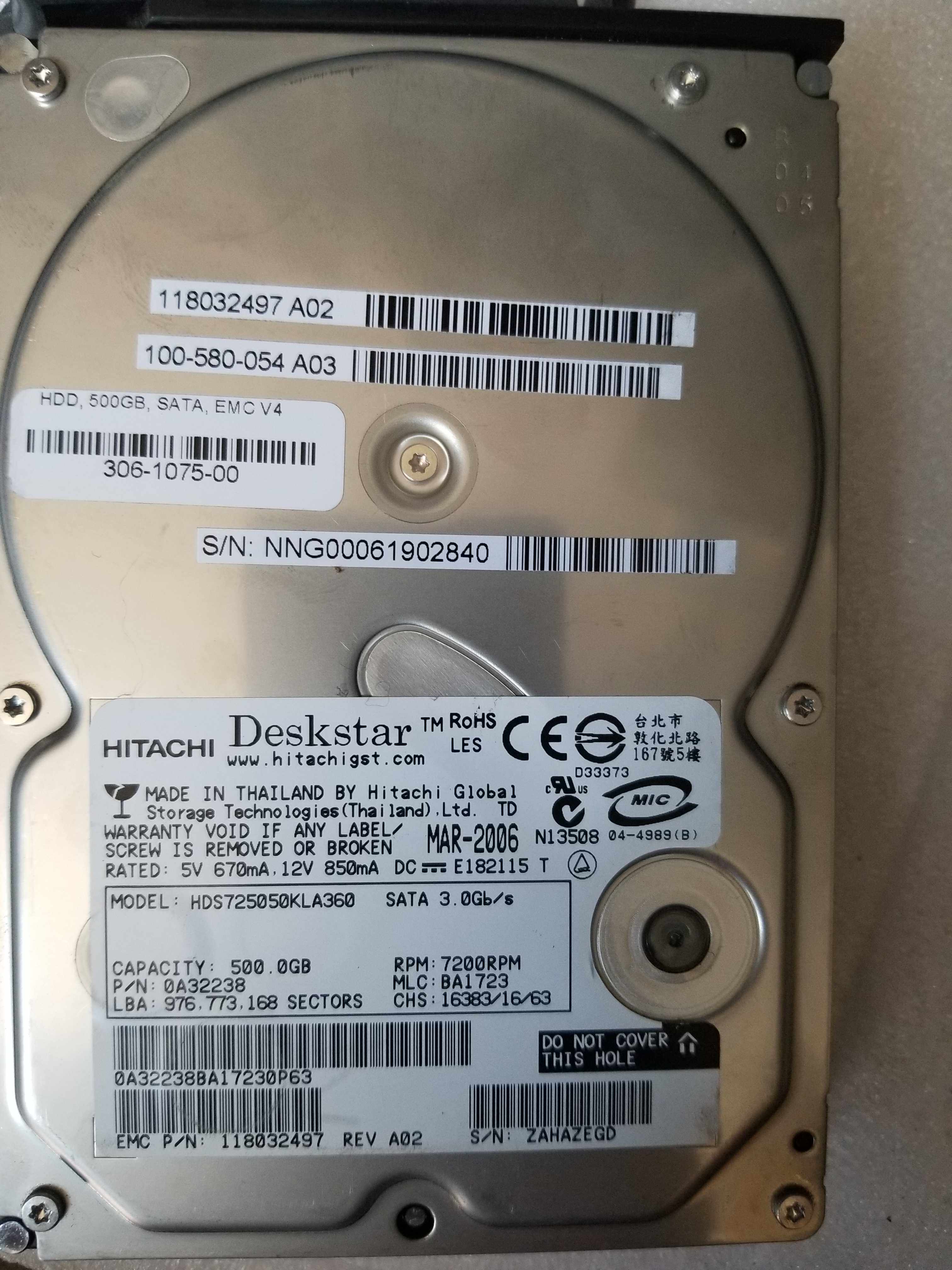 EMC 100-580-053 100-580-054 DMX500G7 2K SATA CENTERA SN3 HARD DISC