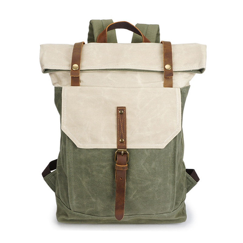 Qiguxi trendy men's and women's backpack retro British style schoolbag oil wax waterproof canvas travel backpack computer bag