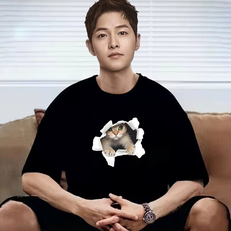 Kazuki Kuraishi Trendy Brand Summer Cute Cat Short-Sleeve T-Shirt Loose Large Size Half-Sleeve Pure Cotton Round Neck Couple's Top