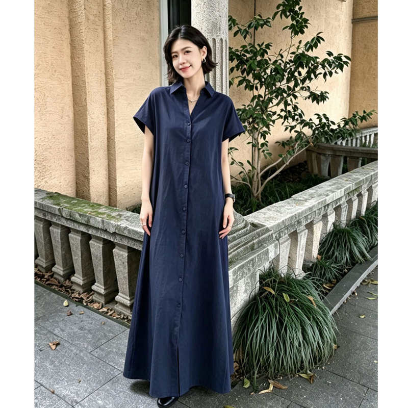 High-End Cotton and Linen Loose Shirt Dress for Plus-Size Women, Tall Women, and Pregnant Women, Navy Blue Dress 100kg Plus Size A-Line High-End Cotton and Linen Loose Shirt Dress for Plus-Size Women, Tall Women, and Pregnant Women, Navy Blue Dress 100kg Plus Size A-Line
