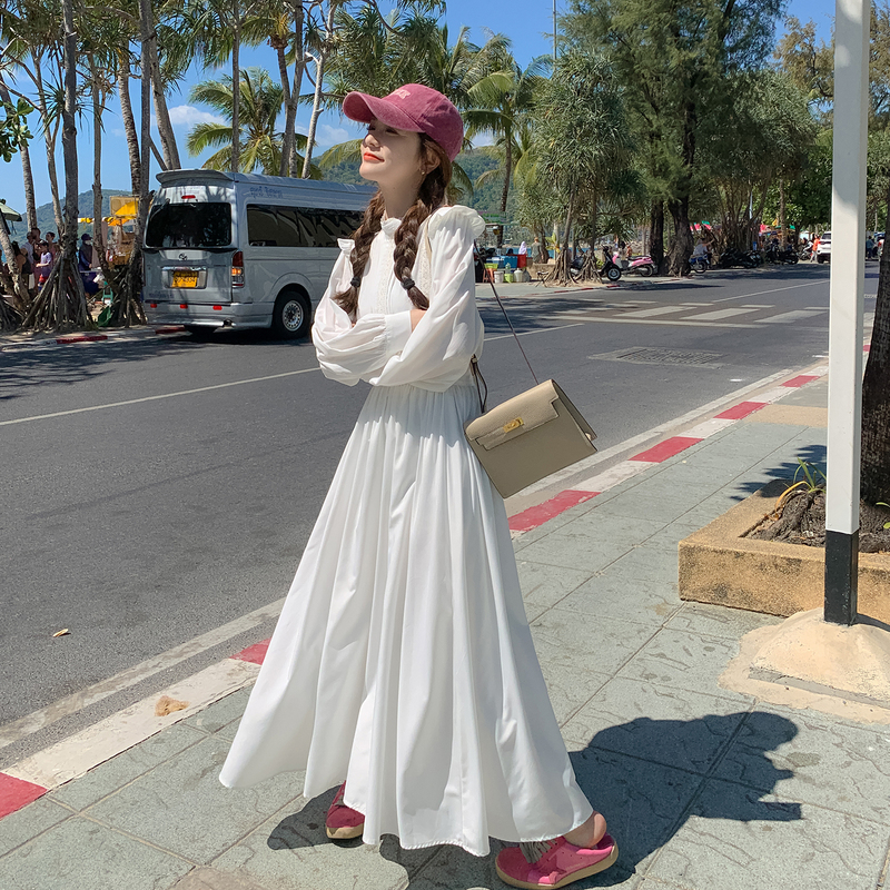 White, Gentle, Tall, Extra-Long Vacation Dress, Long-Sleeved, Sun-Protective, Long Skirt, 170cm, Ankle-Length, Makes You Look Taller, Korean Style