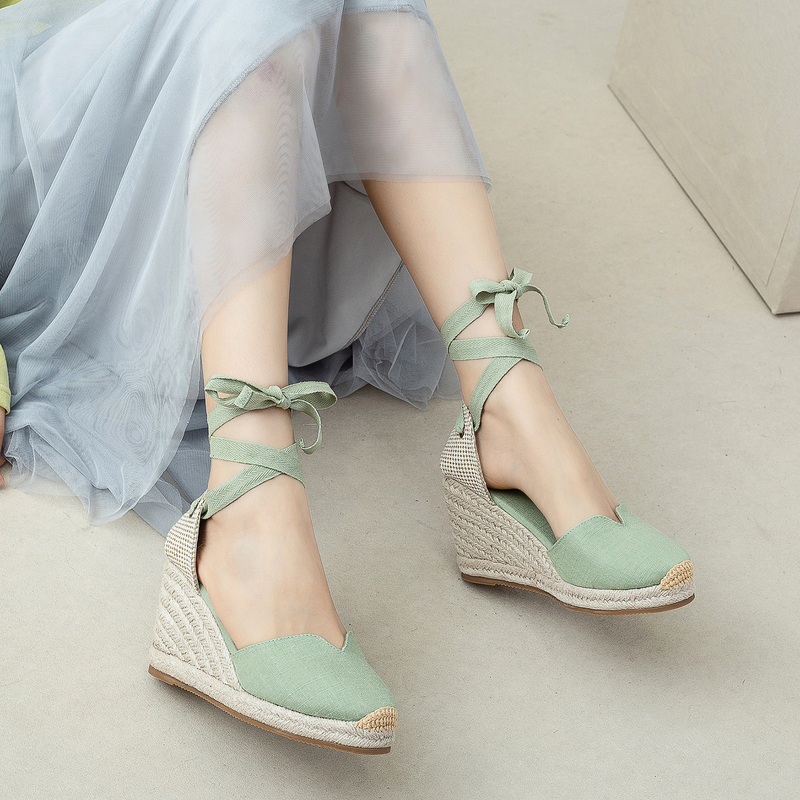 Soludos Spring and Summer New Style Straw Wedge Fashion Sandals Women's Lace-Up Closed-Toe Linen Breathable High Heels