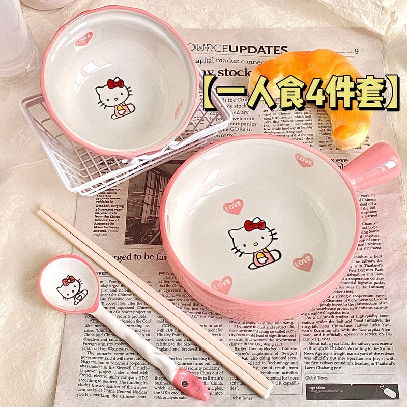 Hellokitty Hello Kitty Handle Bowl Underglaze Color Ceramic Tableware Set Kt Cat Handle Rice Bowl Dormitory Student