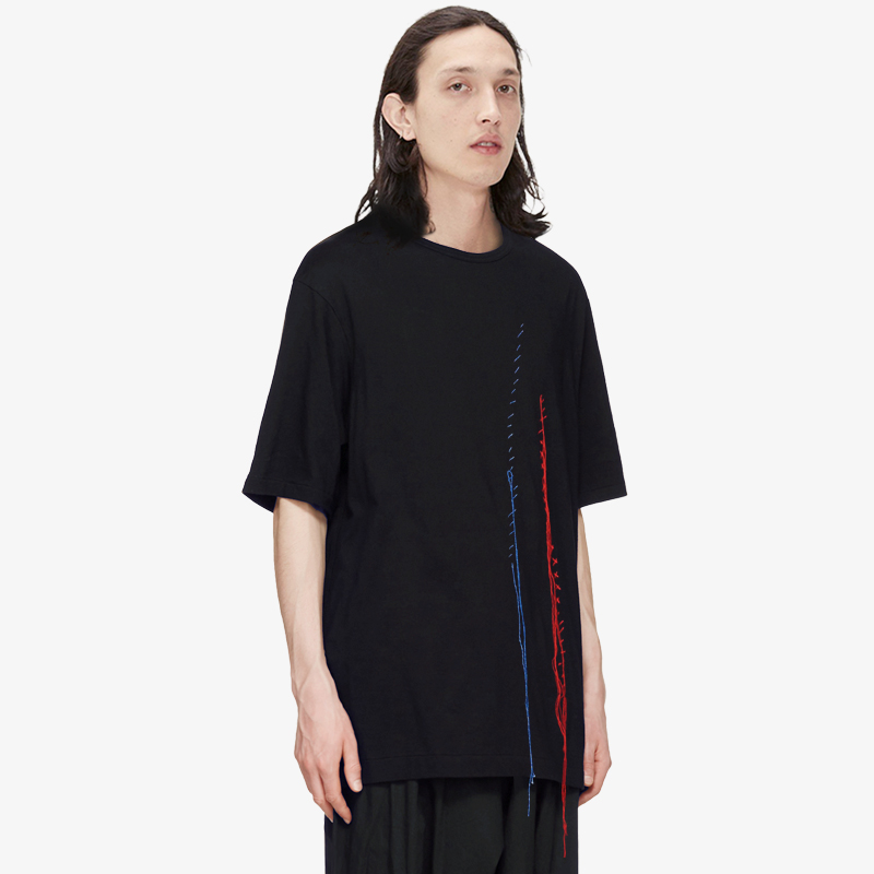 GAOSTUDIOS Black Embroidered Flow Su T-shirt Male Brief Relaxation Day Department Casual Hand Stitches Collared Short Sleeves