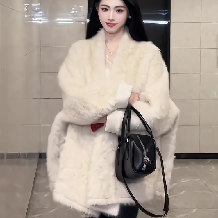 Eco-Friendly Faux Fur New Style Coat for Women, Cloud Mist Stone Fox Fur Integrated Shawl, Lazy Style Oversized Winter Mink Fur Coat