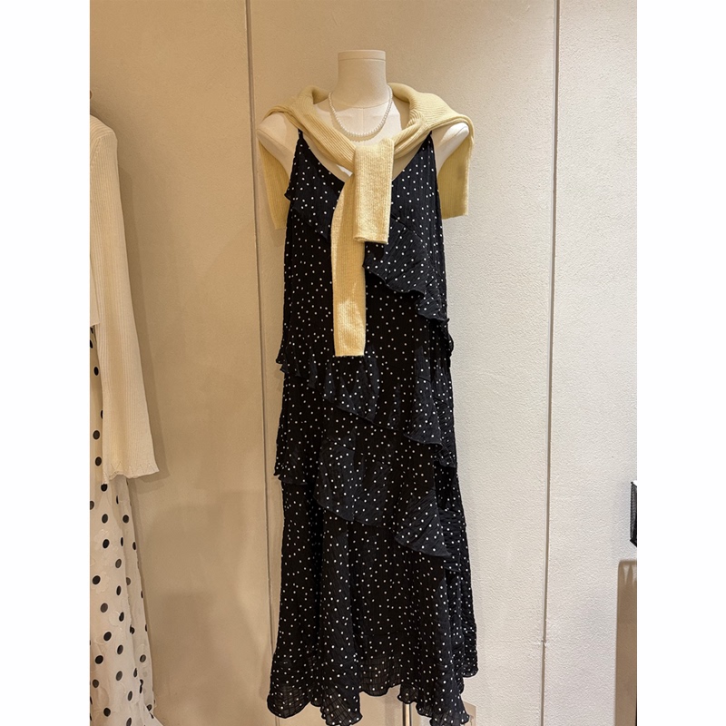 Korean Style Black Polka Dot Suspender Dress for Women 2026 Summer Asymmetrical Ruffle Holiday Cake Chiffon Long Dress