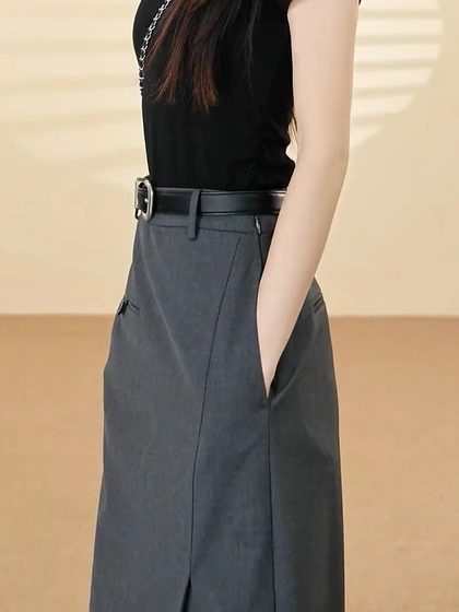 小众设计感高腰口袋开叉直筒西装半身裙25年夏季新款修身显瘦长裙