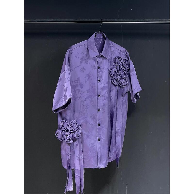 Designed with Purple Rose Jacquard Short-Sleeved Shirt for Men, Summer 2025 New Fashion Trend Casual Shirt
