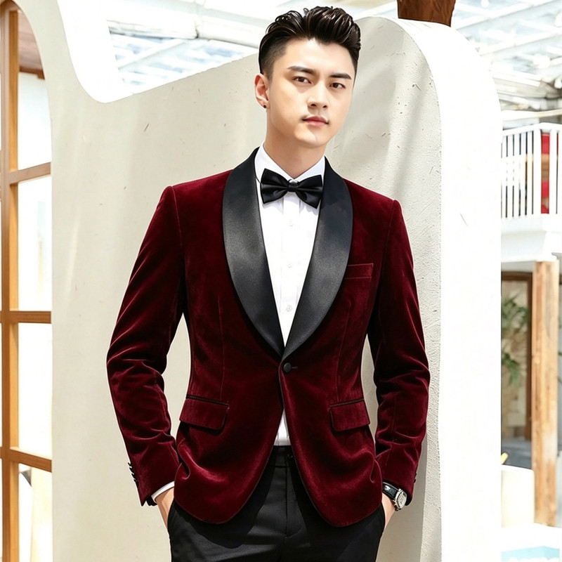 Men's Suit with Mandarin Collar, Burgundy Stage Performance Host Outfit, Singer's Chinese-Style Black Velvet Buttoned Suit Jacket