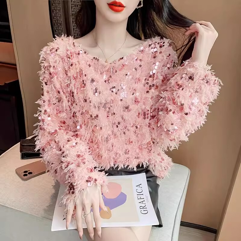High-End and Elegant Sequined Long-Sleeved T-Shirt for Women, New Spring and Autumn Style, Fashionable and Versatile, Loose and Casual Base Shirt