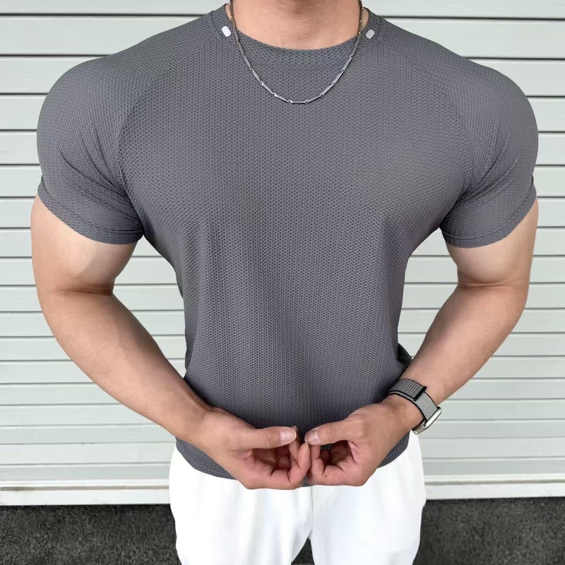 Crocodile Scale Honeycomb Pattern Ice-Feel Quick-Drying Breathable Short-Sleeve Raglan Sleeve High-Elastic Printed Slim-Fit Sports Fitness T-Shirt for Men