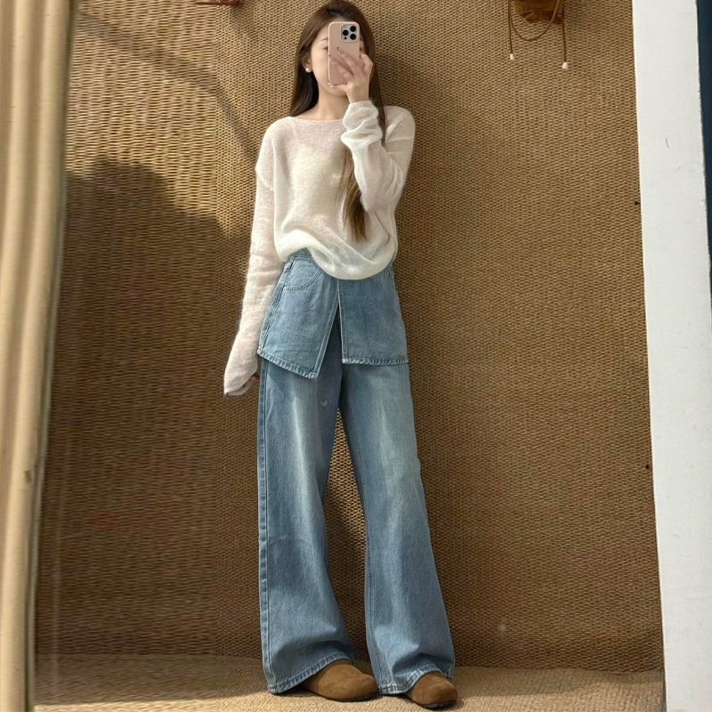 Asymmetrical Patchwork Wide-Leg Jeans for Women, Spring Korean Style, Real Two-Piece High-Waisted Loose Versatile Straight-Leg Pants