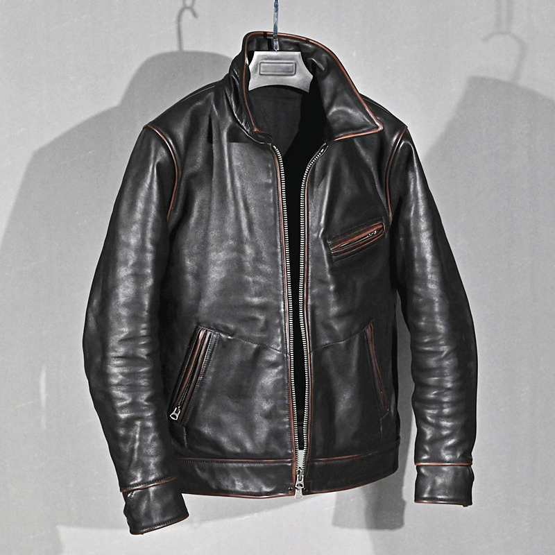 Small crowdnew vintage retro men's clothing Polish Old Tea Core Head Layer Cow Leather Jackets Flipped for Short Leather Leather Clothing