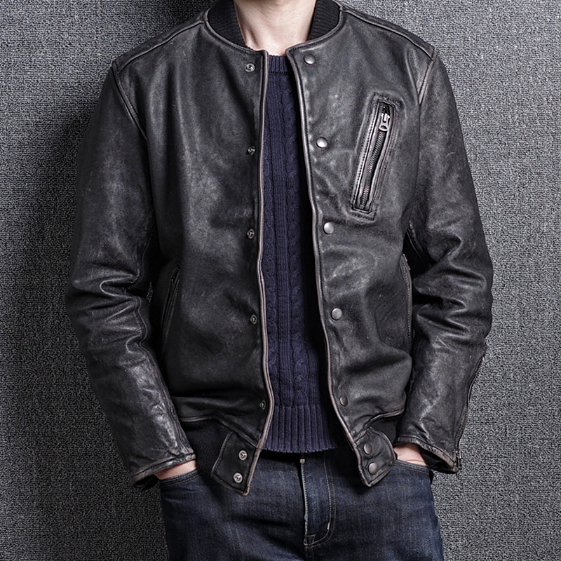 New products Japanese men's clothing hand-scrubbed water wash old non-coated water dyed head sheep leather jacket real fur coat