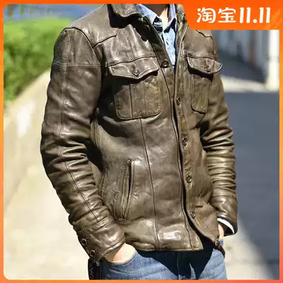 New vintage men's washed old head layer full plant tanned sheep leather shirt collar jacket men's leather spring and autumn