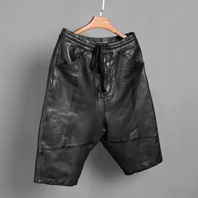 Japanese new men's loose leather pants without water dyeing and washing old first layer sheepskin leather five-point shorts