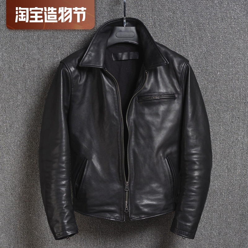 Japanese vintage men's jacket washed old first layer cowhide lapel motorcycle jacket Leather single layer leather men's spring and autumn