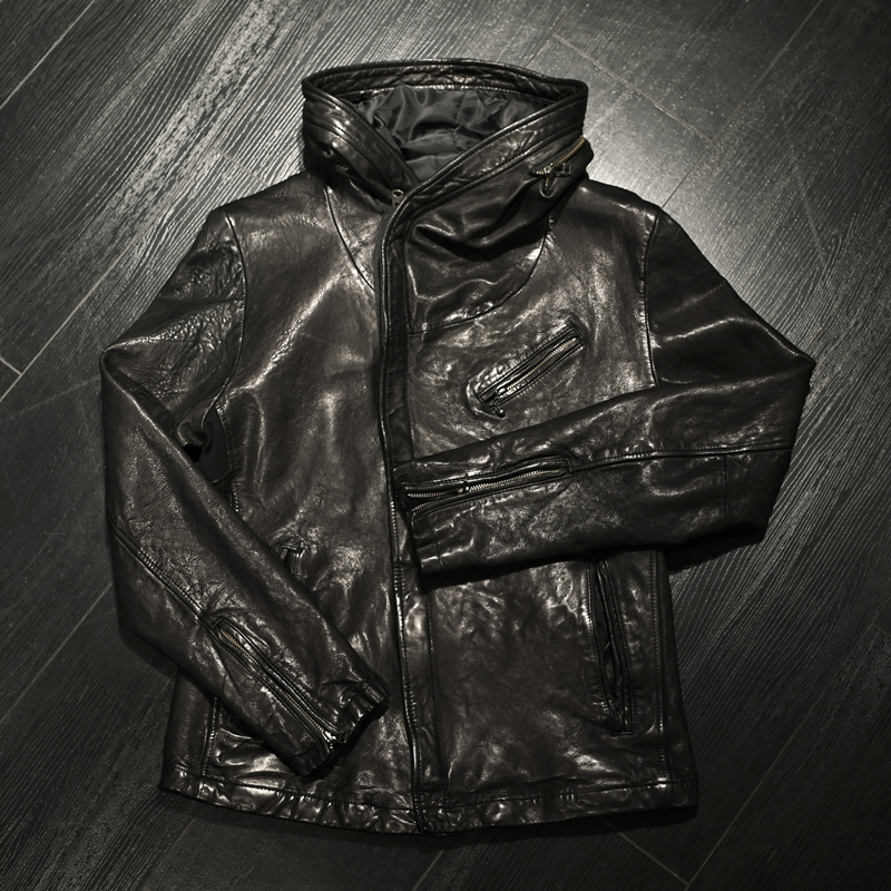 Japanese men's clothes washed with wrinkled hooded dark wind without water dyeing head layer sheep leather jacket slim leather jacket