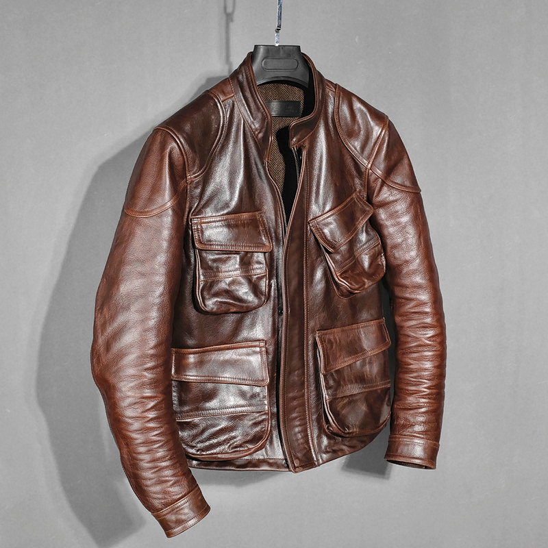 New Pint Day Ensemble Retro Men's Clothing Hunts Thick Heavy Oil Wax Head Layer Cow Leather Jacket Sashimi Leather Leather Clothing Spring Autumn