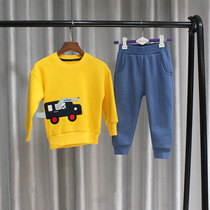 2021 autumn and winter new boy Korean embroidery round neck sleeve head bunched feet small children plus velvet sweater two-piece set