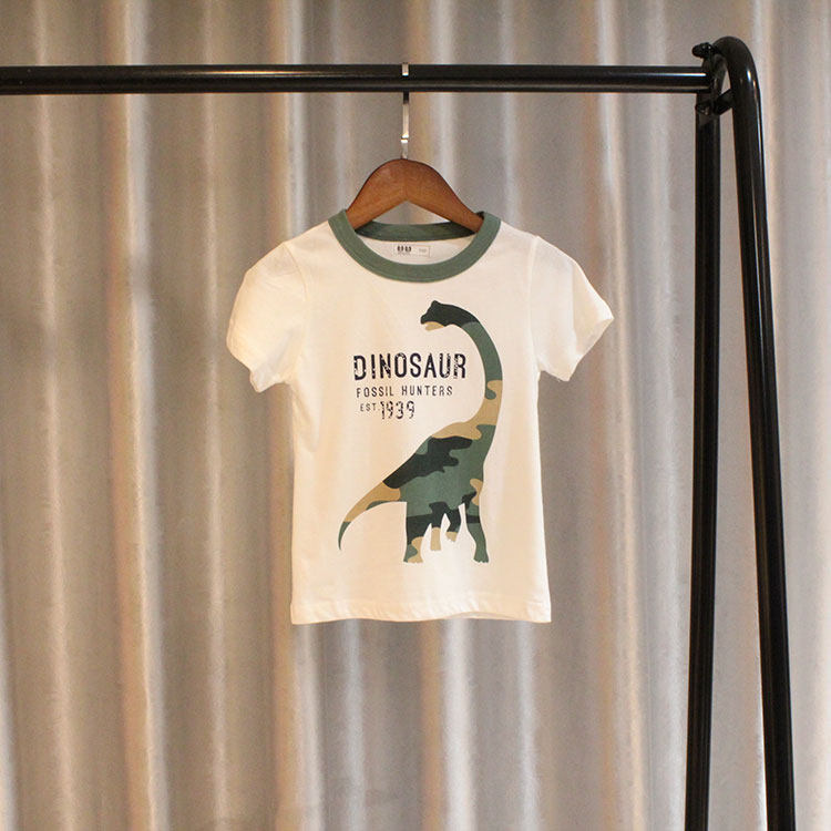 2022 summer Korean version boys' cotton round neck half-sleeve knitted sweater children's breathable sweat-absorbing short-sleeved dinosaur soft T-shirt