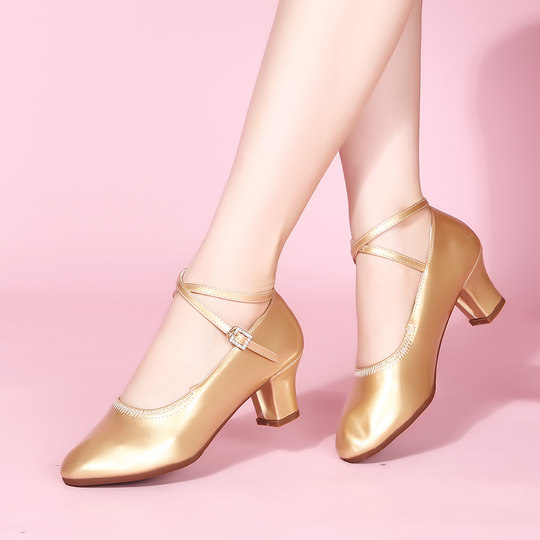 Women's High-Heeled Round-Toe Chunky Heel Leather Shallow Mouth Ballroom Dance Shoes Modern Dance Shoes Square Dance Leather Shoes Dance Flats