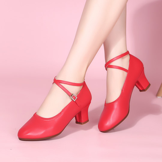 Women's High-Heeled Round-Toe Chunky Heel Leather Shallow Mouth Ballroom Dance Shoes Modern Dance Shoes Square Dance Leather Shoes Dance Flats