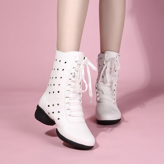 头层牛皮民族风中跟水兵舞短靴镂空洞洞鞋2025新款高帮舞蹈马丁靴