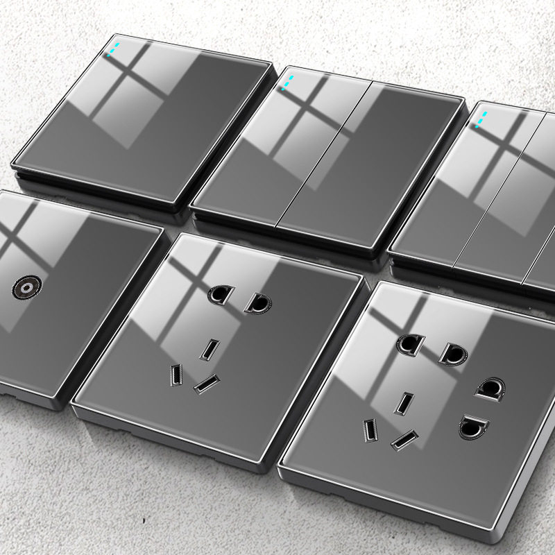 International Electrician 86 Type Concealed Grey Mirror Acrylic Glass Switch Socket panel Home open 5 holes