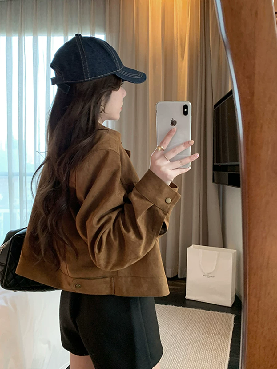 Короткая бархатная коричневая осенняя куртка с круглым воротником, oversize