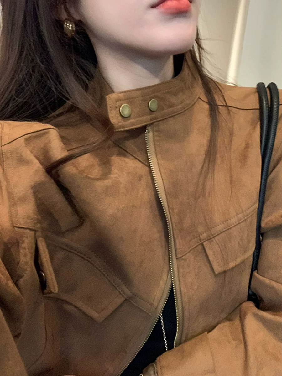 Короткая бархатная коричневая осенняя куртка с круглым воротником, oversize