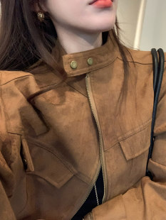 Короткая бархатная коричневая осенняя куртка с круглым воротником, oversize