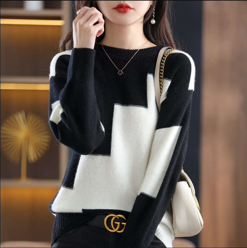 Authentic Gejia Women's Clothing 2026 Spring and Autumn New Color-Block Cashmere Sweater Loose Color-Block Wool Knitwear Soft and Fluffy Sweater