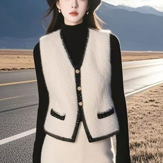 Authentic Gejia New 2025 Autumn and Winter Korean Style Chanel-Inspired Mink Velvet V-Neck Vest Jacket for Women