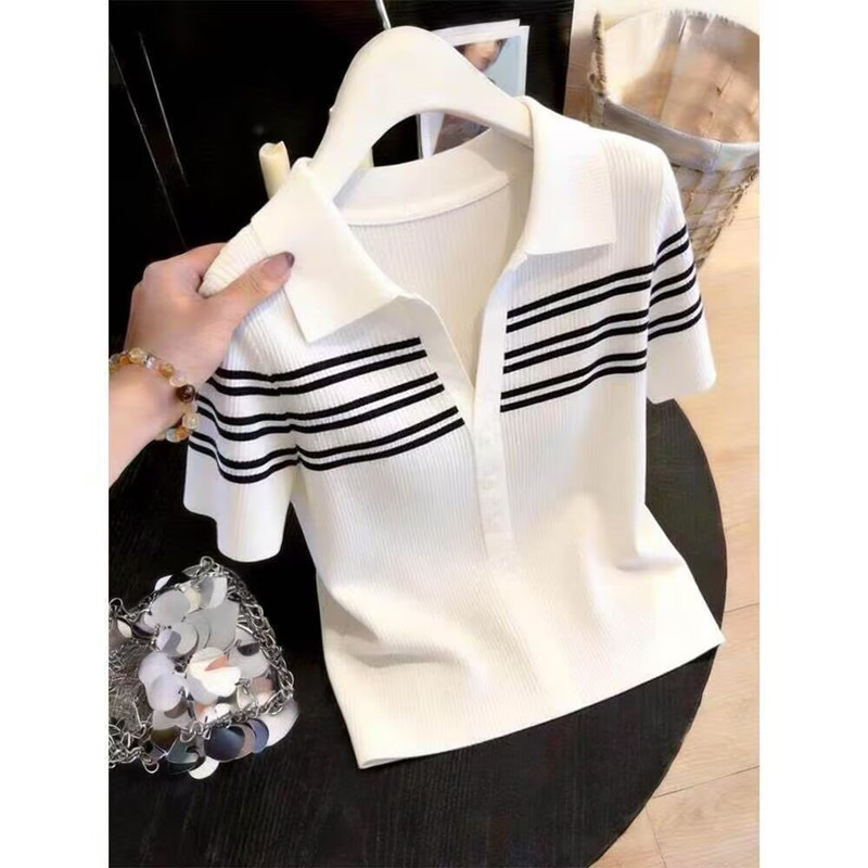 Authentic Gejia New 2026 Summer Korean Style Color-Block Striped Half-Open Collar Ice Silk Knitted Short-Sleeve T-Shirt Top for Women
