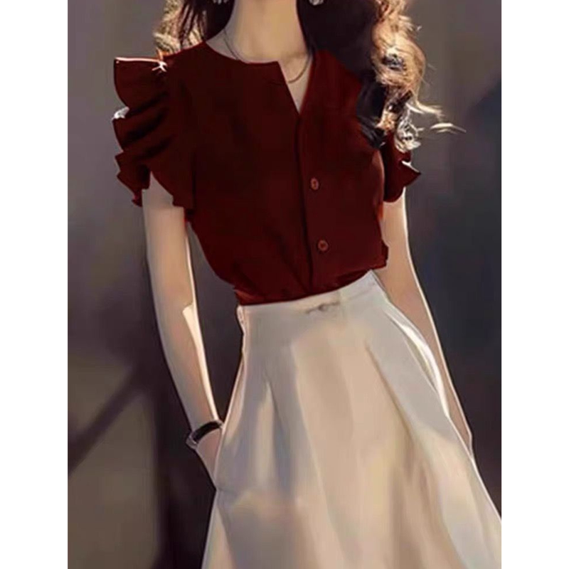 Authentic Gejia New 2026 Summer Burgundy Ruffled Shirt High-Waisted Skirt Elegant Fashion Suit for Women