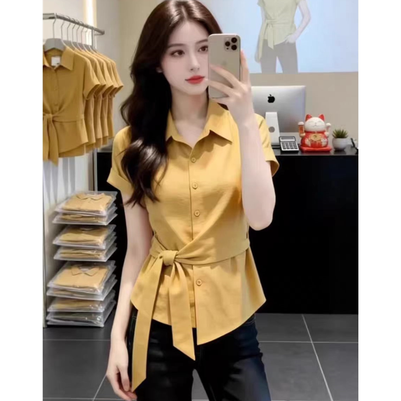 Authentic New 2026 Summer Stylish Commuter Yellow Waist-Cinching Tie-Neck Short-Sleeve Shirt Slimming Top