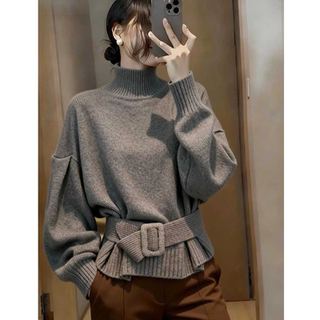 Authentic Brand New 2025 Autumn and Winter Fashion High-End Turtleneck Wool Knit Sweater with Tie, Gray Sweater for Women