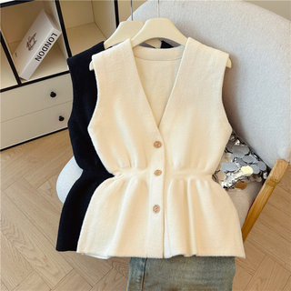 Authentic New 2025 Autumn/Winter French-Style V-Neck Wool Knit Vest with Waist-Cinching Design for Women