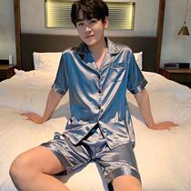 Sleepwear lovers fit one man and one woman Summer pure cotton short sleeve summer style suit ice silk thin section emulated silk big code youth