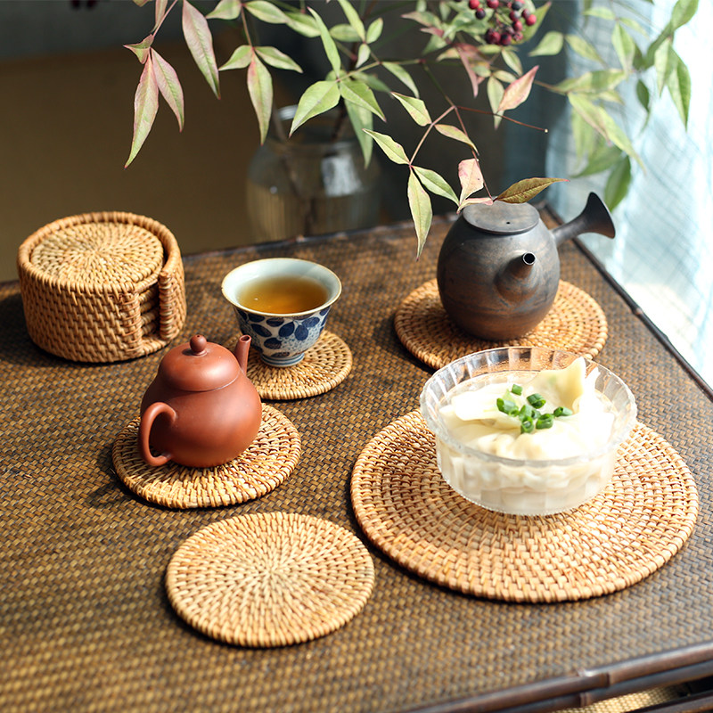 Vietnamese old rattan coaster tea set handmade placemat table rattan mat insulation dish mat bowl mat creative purple sand pot bowl mat