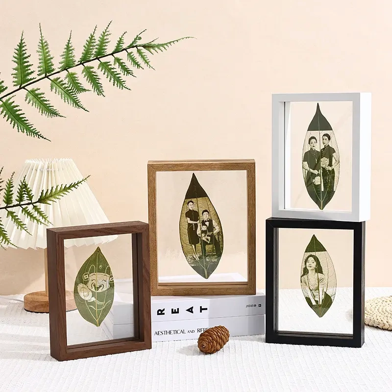 Leaf Carving Double-Sided Transparent Glass Photo Frame Display Stand Leaf Specimen with Empty Frame Bamboo Leaf Dyeing Display Leaf Veins