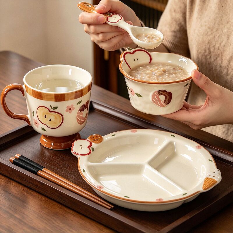 One-Person Portion Control Plate, Three-Compartment Plate for Adults and Children, Beautiful Ceramic Breakfast Plate